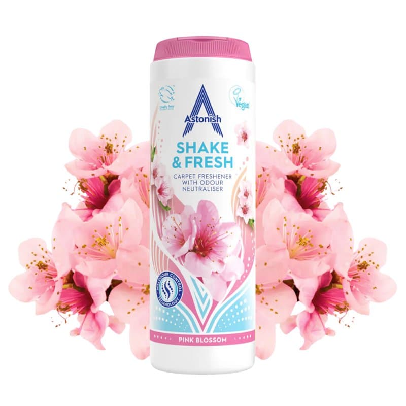 Astonish Shake & Fresh Désodorisant pour tapis, élimine les odeurs, fleur rose, 350 g