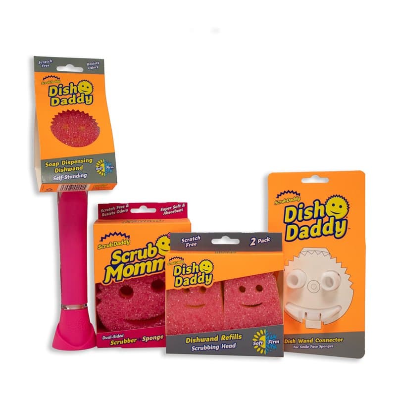 Scrub Daddy Dish Daddy Brosse Vaisselle avec Reservoir, 2 Têtes de Rechange, Scrub Mommy Eponge et Adaptateur, Manche Intégré av