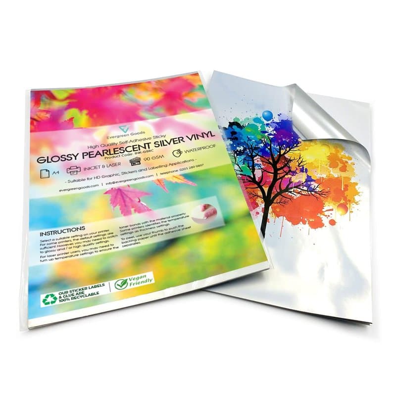 Evergreen Goods A4 10 Feuilles | Feuilles De Papier Vinyle Autocollantes Argent Nacré Brillant | Jet D'encre Et Laser | Autocoll