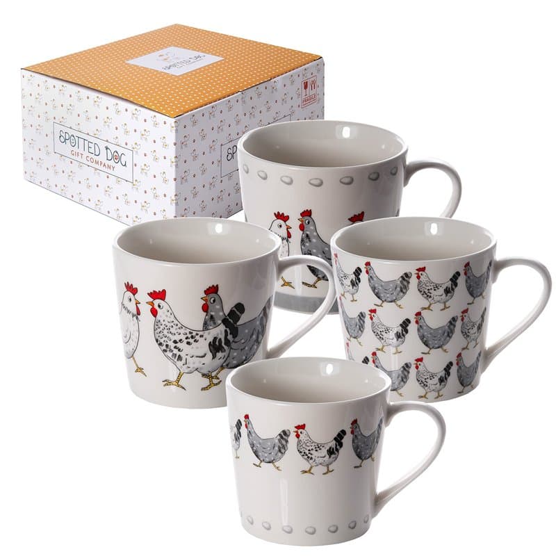 SPOTTED DOG GIFT COMPANY Tasse a Café Lot de 4 en Céramique au Motifs de Poule, Ensemble de Mug Original pour le Thé avec Coffre