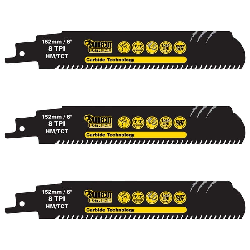 SabreCut SCRS930HM_3 Lot de 3 lames de scie sabre en carbure de tungstène 152 mm 8 TPI S930HM pour coupe rapide du bois et du mé