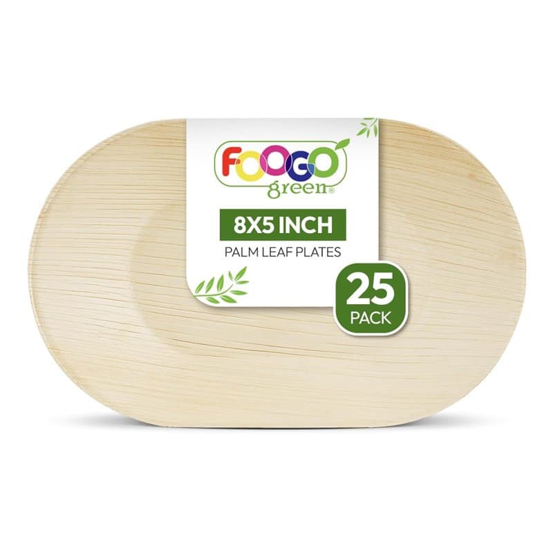 FOOGO Green 25 Plateaux de Service Jetables Feuille de Palmier, Petit 20x12.5 cm, Pizza, Entrées, Canapés, Planche Charcuterie,