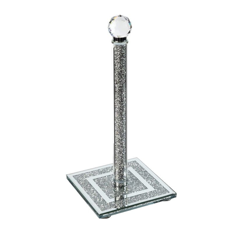 London Boutique Porte-Rouleau de Cuisine en Cristal sur Pied avec Base carrée en Diamant écrasé 30 cm de Hauteur, Argenté et Tra