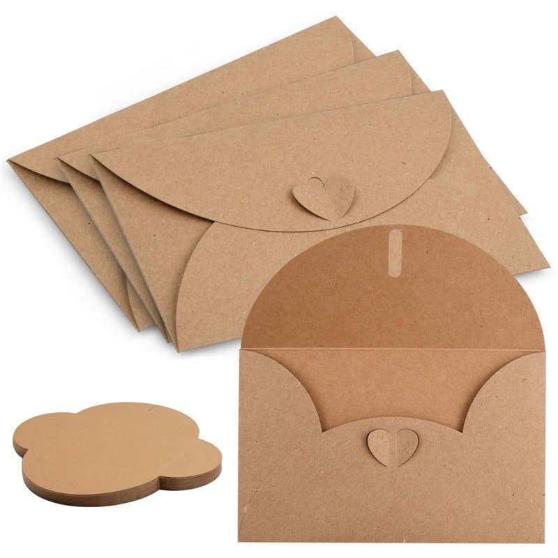 Anseom 50Pcs Enveloppes en Papier Kraft Enveloppe Cadeau Enveloppe de Carte Cadeau avec Coeur Fermoir 17.5X11cm Mini Enveloppe,