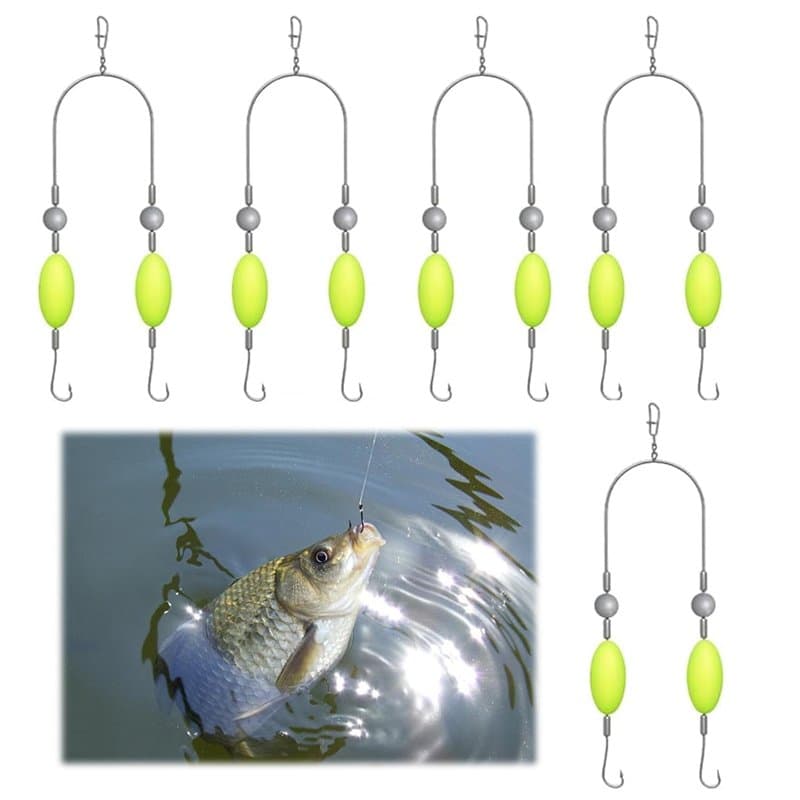 WUBAYI Lot de 10 hameçons doubles anti-crochets pour pêche à la carpe avec design anti-enchevêtrement, flotteurs et perles – Idé