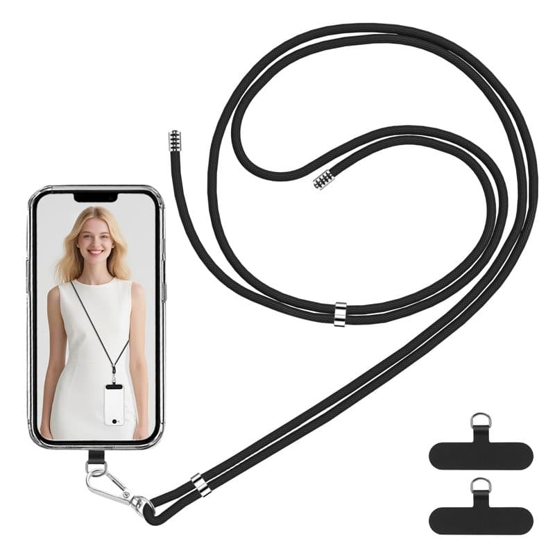 VynyQoo Cordon Telephone Portable Tour de Cou Réglable 80cm, Collier Telephone avec 2 Durable Patchs, Sangle Telephone Laniere B