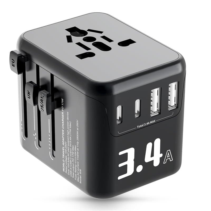 Alyvisun Adaptateur Prise Universelle, Adaptateur Universel de Voyage avec 2 USB-C et USB-A Ports, 5 V 3.4A/17W Prise Universell