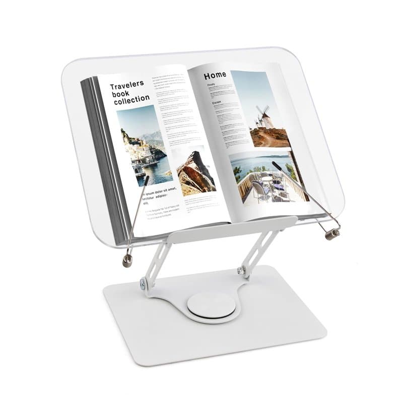 Support de Livre pour la Lecture, Repose Livre avec Base Pivotante à 360° et Clips, 4,4-39 cm Réglable Pupitre de Lecture en Acr