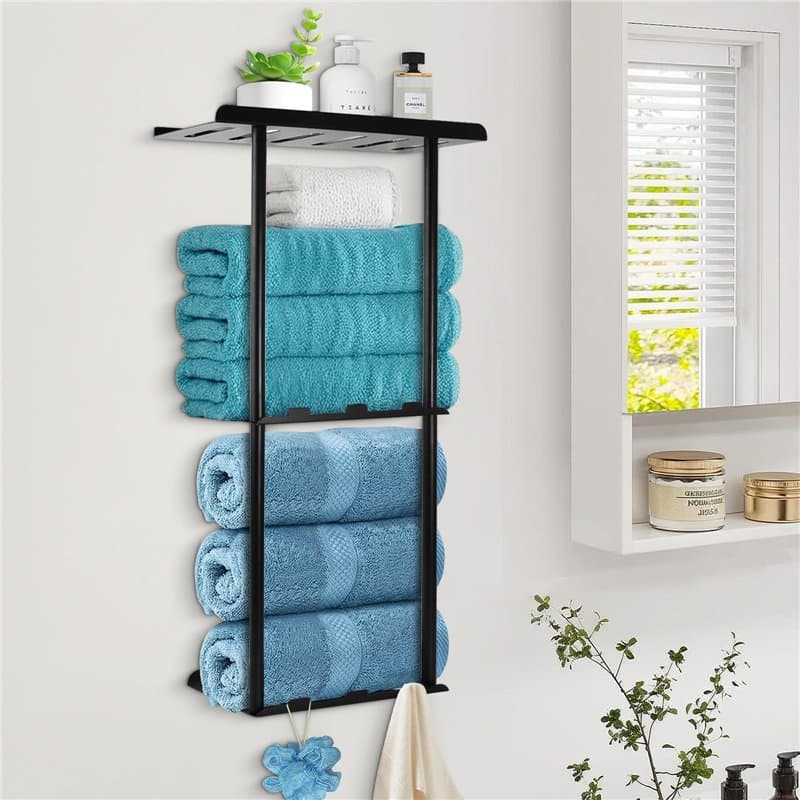 Samlonge 76cm Porte Serviette Mural, 3 Étages Porte Serviette Salle de Bain sans Perçage avec 6 Crochets et Garde-Corps Support