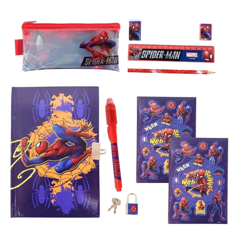 Marvel Spiderman Ensemble de Papeterie pour Garçon, Comprenant étui, Règle, Crayon, Stylo à Bille, Autocollants, Gomme, Taille-C