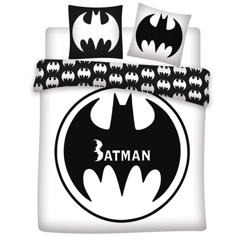 Parure de Lit Double Batman Logo 2 Personnes, Housse de Couette Réversible 240x220 cm + 2 Taies d'oreiller 65x65 cm, Polycoton,