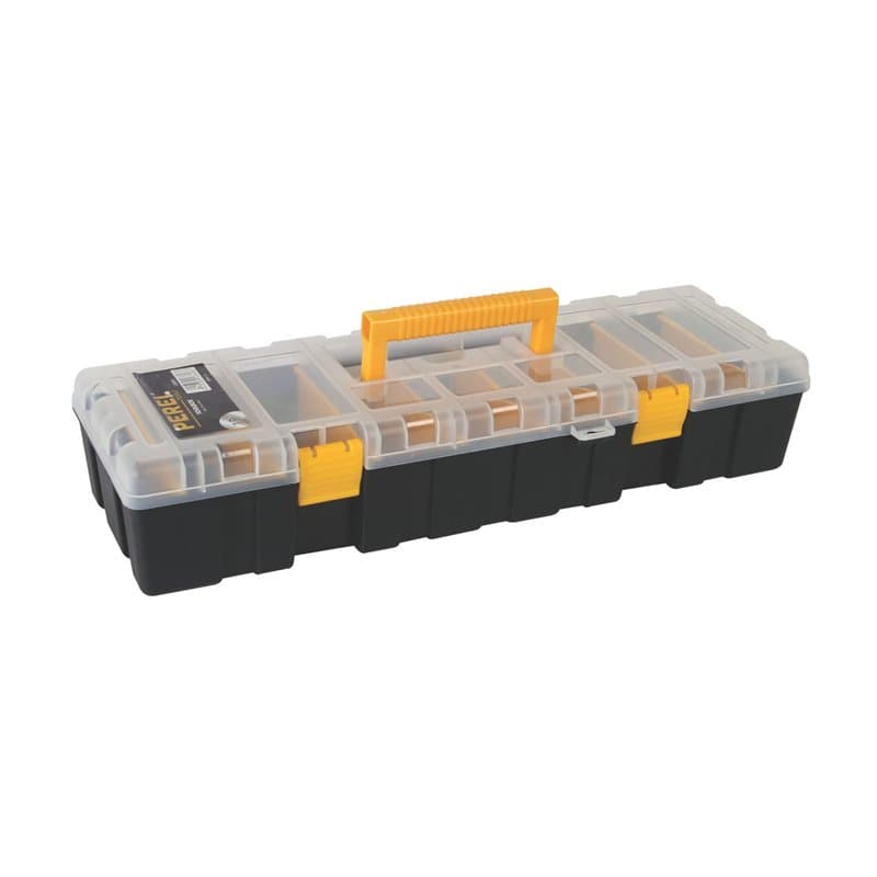Perel Boite de rangement, max. 9 compartiments, 8 séparateurs, couvercle transparent, empilable, 460 x 160 x 90 mm, noir/jaune