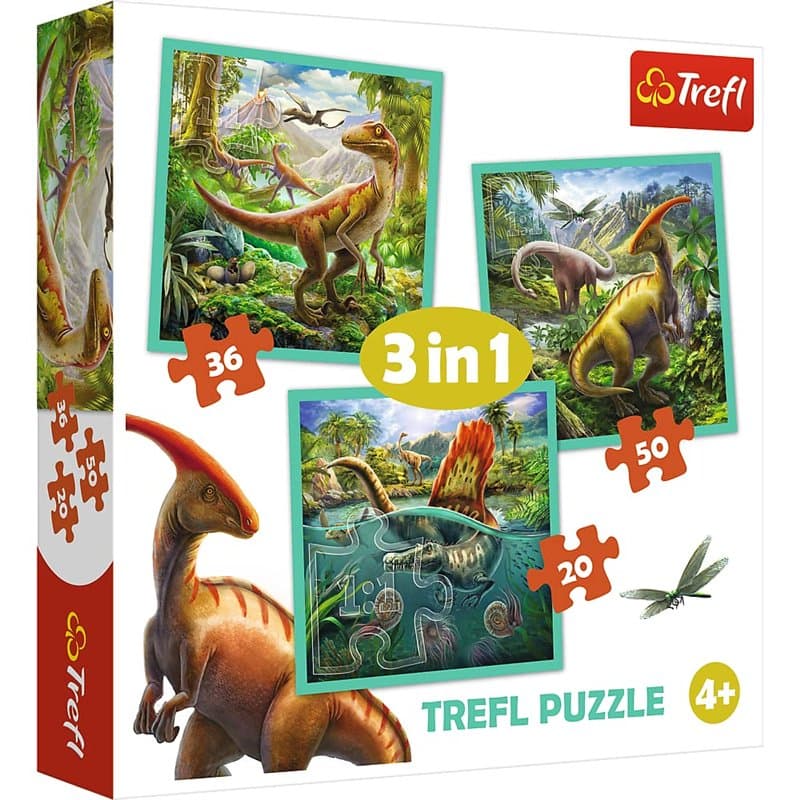 Trefl TR34837, Puzzle, Die außergewöhnliche Welt der Dinosaurier, Von 20 BIS 50 Teilen, 3 Sets, für Kinder AB 4 Jahren, Le Monde