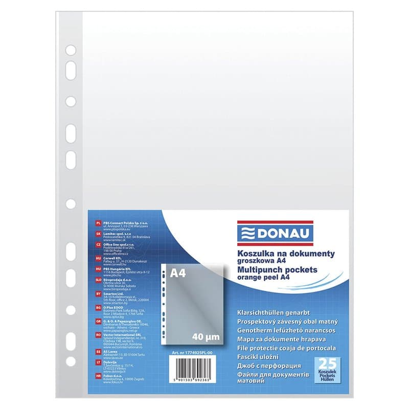 DONAU 1774925PL-00 Lot de 25 pochettes perforées grainées en plastique transparent pour documents, papiers, dossiers, classeurs,