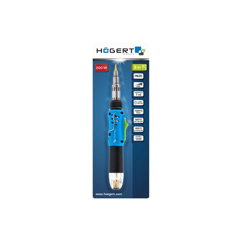 HÖGERT TECHNIK Fer à souder à gaz 3 en 1, 220 W, allumage piézoélectrique, fer à souder (400 °C), brûleur (1300 °C), Senge (550