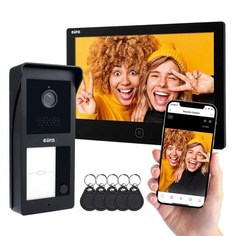 Interphone vidéo Eura VDP-49A3-2TY TUYA, Wi-FI, AHD, RFID, Station météo, écran Couleur 7 Pouces, Deux Fils, Noir