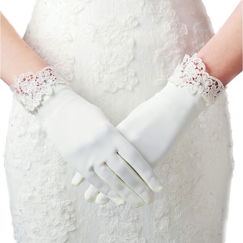 ArtiDeco Gants Courts en Satin Avec Dentelle pour Femme - Opéra, Mariage, Fiançaille, Soirée, Bal (Blanc)
