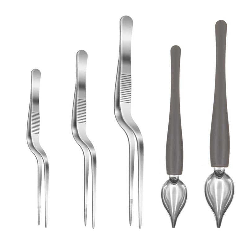 Lot de 5 cuillères de cuisine en acier inoxydable avec bec effilé et pince à épiler de précision pour les assiettes de cuisson,