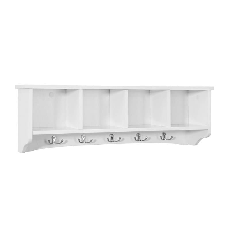 SoBuy® FRG48-L-W Portemanteau Étagère Murale Porte-manteau Salle de Bain Meuble d’Entrée avec 4 Compartiments de Rangement Et 5