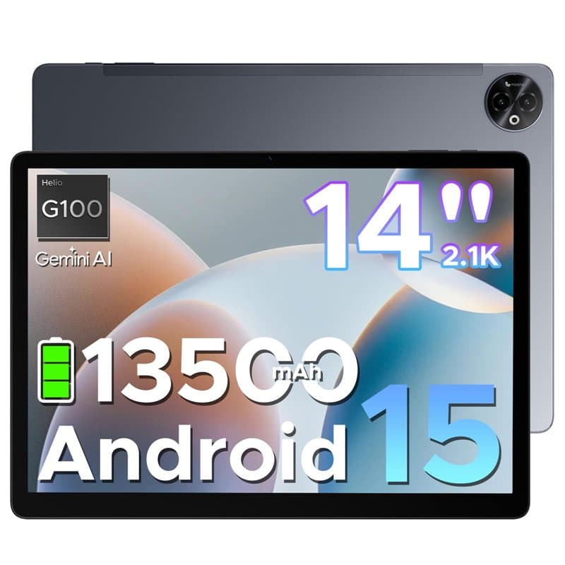 DOOGEE Tab E3 Max Tablette Android 15, AI Tablette 14 Pouces 13500mAh Batterie, MTK G100 Octa-Core, 32GB+256GB/TF 2TB, Tablette