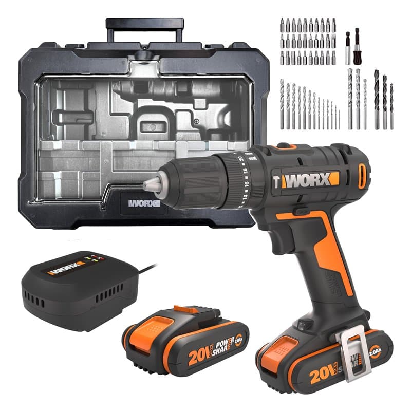 WORX Perceuse à Percussion sans Fil 20V WX370.2, 3 en 1, Couple Max de 50Nm, Mandrin 13mm (Multimatériaux, 2 Vitesses, Légère et