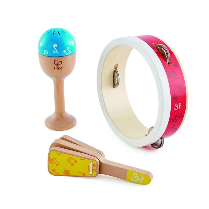 Jouet Hape - Ensemble de Percussions Junior - Ensemble Instruments de Musique en Bois pour Bébé : Tambourin, Maraca, Mailloche -