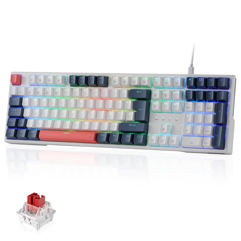 Redragon K668 RGB Clavier de gaming mécanique filaire 105 + 4 touches, interrupteurs rouges, prise Hot-Swappable, mousse absorba