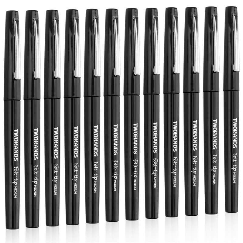 TWOHANDS 12 Stylos feutres, pointe moyenne (0,7 mm), Noir, Feutres de Coloriage pour Peinture, Croquis, Journalisation, Prise de