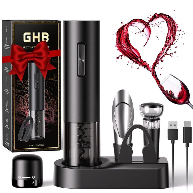 GHB Tire-Bouchon Electrique Rechargeable Ouvre Bouteille Electrique avec Socle, Coupe-Capsule, Verseur, Bouchon à Vin Cadeau de