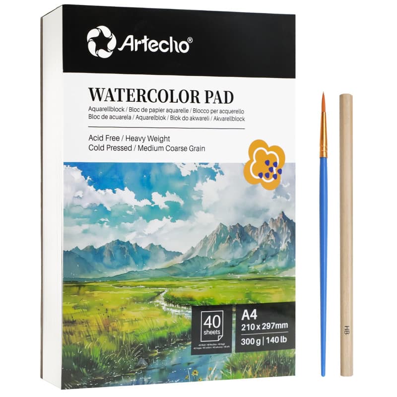 Artecho Bloc de 40 feuilles de papier aquarelle A4, Cahier Dessin avec pinceau aquarelle et crayon, papier aquarelle 300 g/m², c