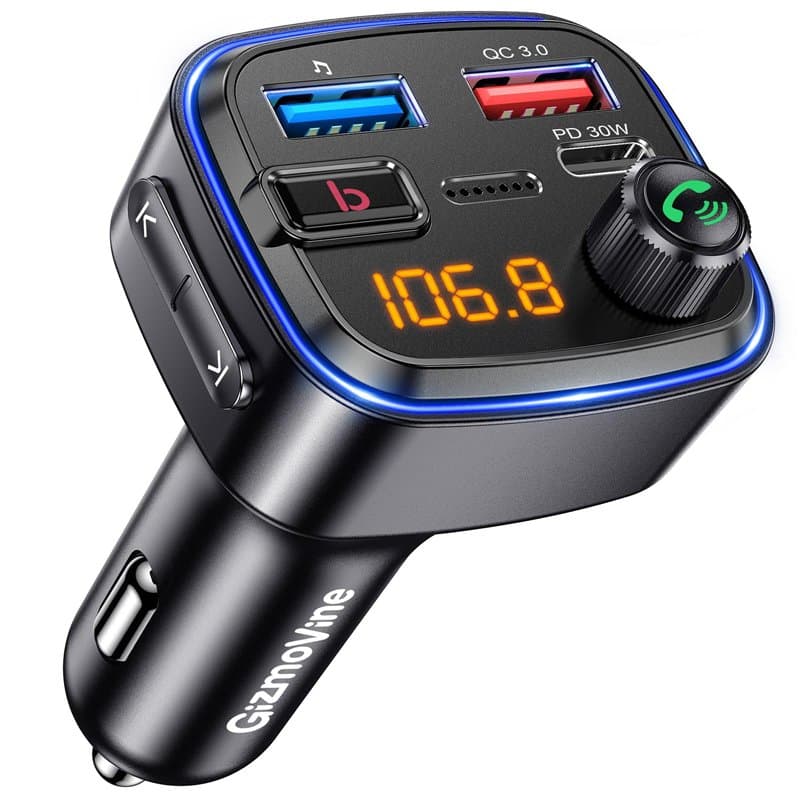 Gizmovine Emetteur Bluetooth Voiture, Transmetteur FM pour La Musique, Téléphone Kit Main Libre, Allume Cigare avec Prise USB C