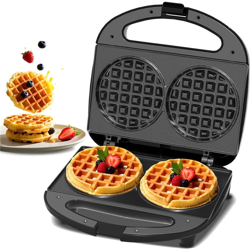 YASHE Mini Gaufrier Double, Machine à Gaufres Antiadhésive, Gaufrier Rond en Fonte, Contrôle Automatique de la Température, Poig