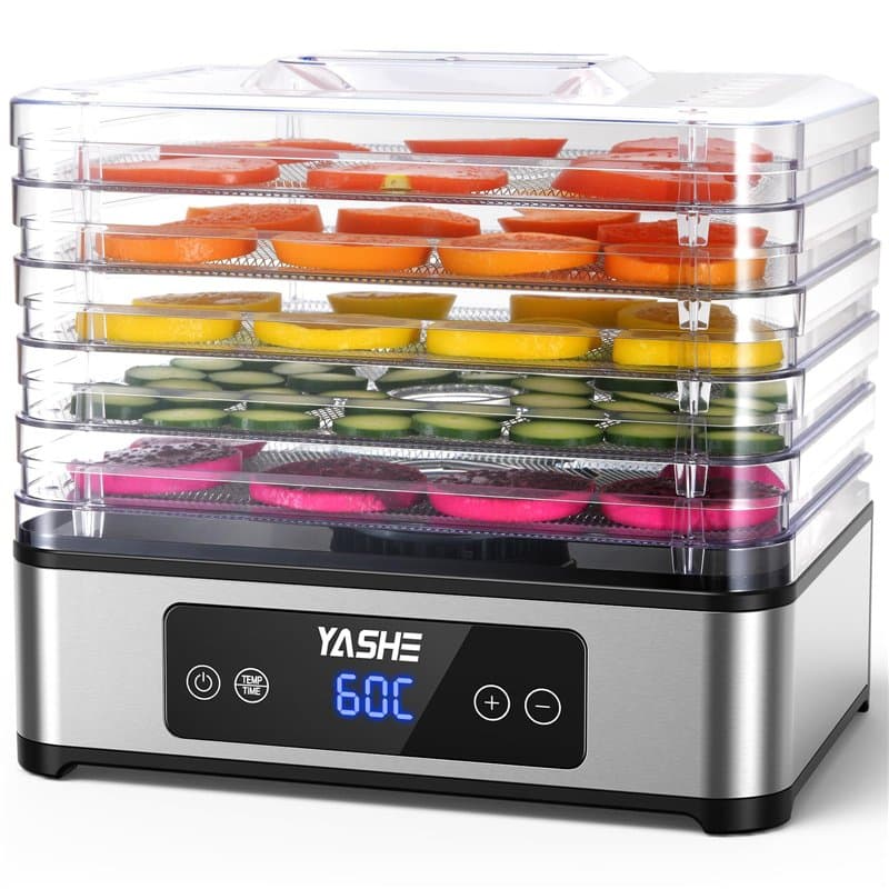 YASHE Déshydrateur Alimentaire, 5 Plateaux En Acier Inoxydable, Minuterie Et Température Réglables, Flux D'Air À 360°, Sans BPA,