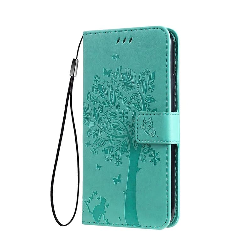 LINER Coque pour Oppo A54s / Oppo A16 / Oppo A16s Etui Portefeuille, Joli Rétro Feuilles et Chat Embossée Premium PU Cuir Housse