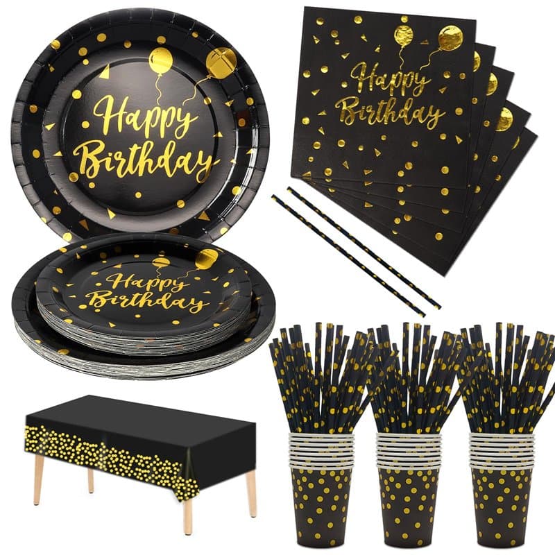 Nkaiso Anniversaire Party Vaisselle,121pcs Noir Or Kit Vaisselles Papier Assiette Tasse Serviette, Enfants Fête Anniversaire Déc