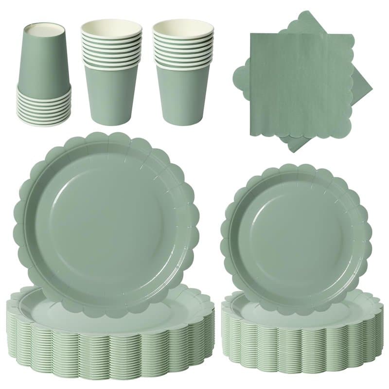 PYAILI Anniversaire Vaisselle de fete 96 Pièces Vert Party Assiettes en Papier Set Assiettes de Fête Papier Tasses Serviettesr,