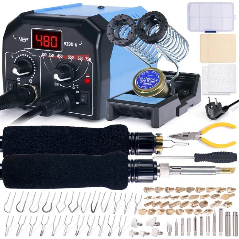 WEP 939D-II Kit de pyrogravure 2-en-1 86-en-1 avec 51 pointes, 23 pointes fines, 2 pochoirs, 2 bois bruts, 1 support stylo. Pyro