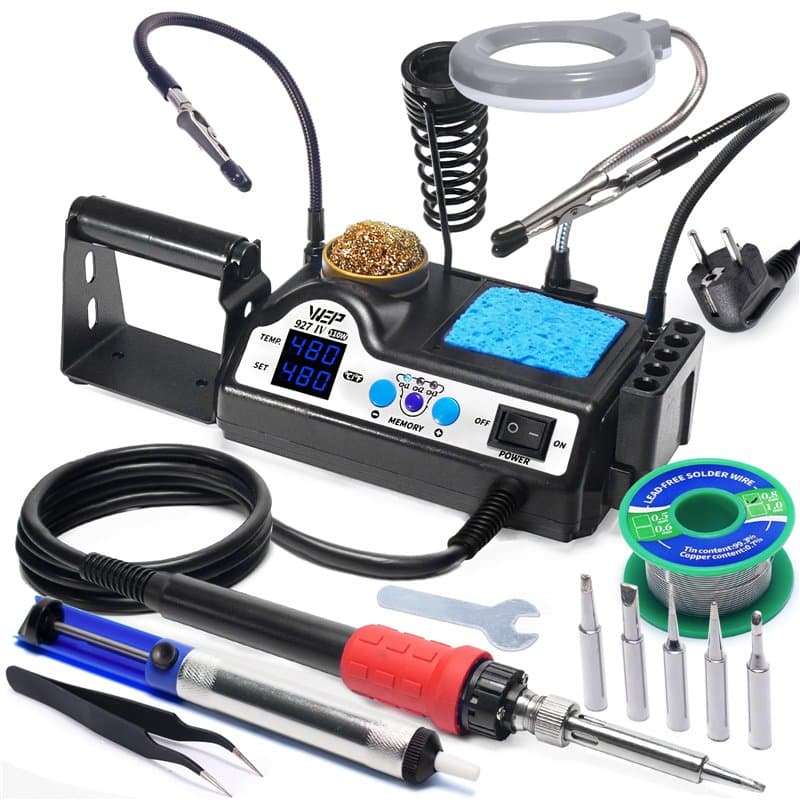 WEP 927-IV V1 Kit Station de Soudage 110W avec 3 Canaux Préréglés, Mode Veille, Loupe LED, 5 Pointes de Fer Supplémentaires, Net