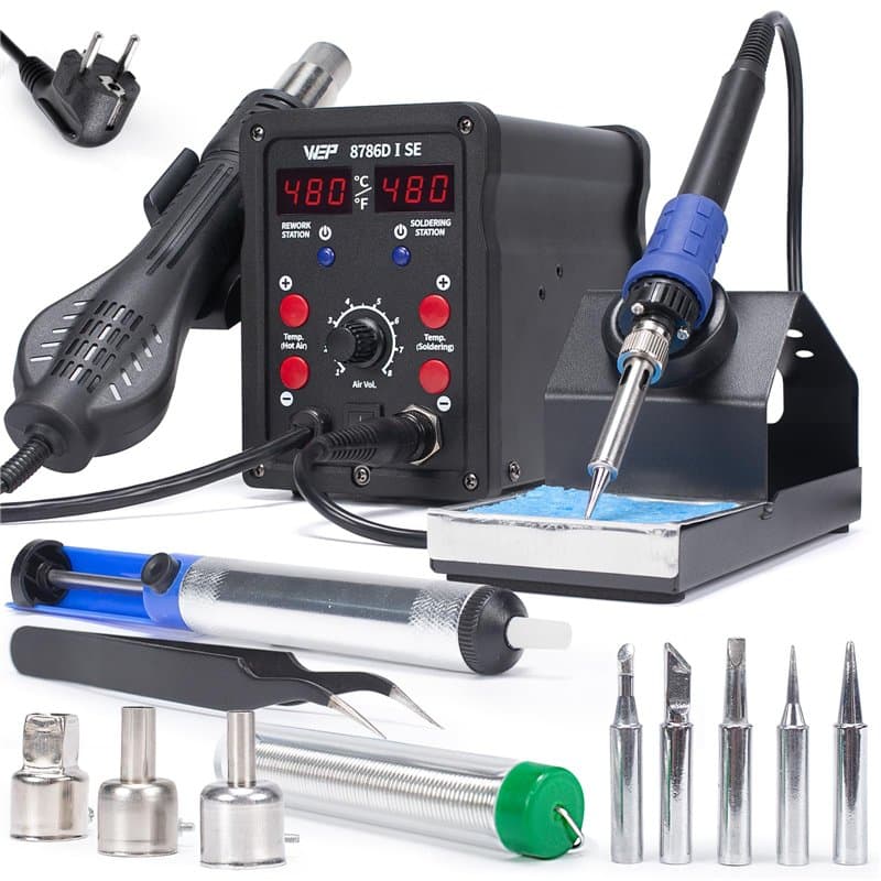 WEP 8786D-I SE Kit station de soudage à air chaud 2-en-1 pour réparation, désoudage avec fil de soudure sans plomb, 5 pointes de