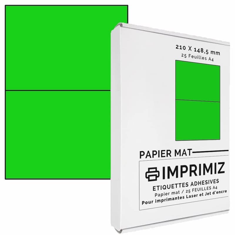 50 étiquettes autocollantes Vert fluo de 148,5 X 210 mm - 2 étiquettes/feuille - 25 planches papier A4 adhésif couleur - pour im