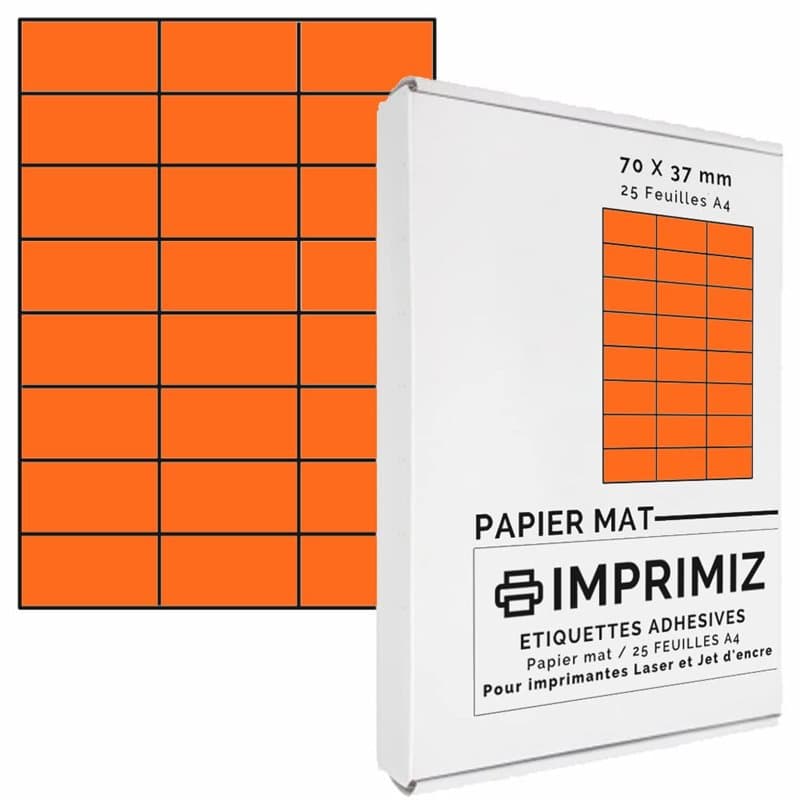 600 étiquettes autocollantes Orange fluo de 70 X 37 mm - 24 étiquettes/feuille - 25 planches papier A4 adhésif couleur - pour im