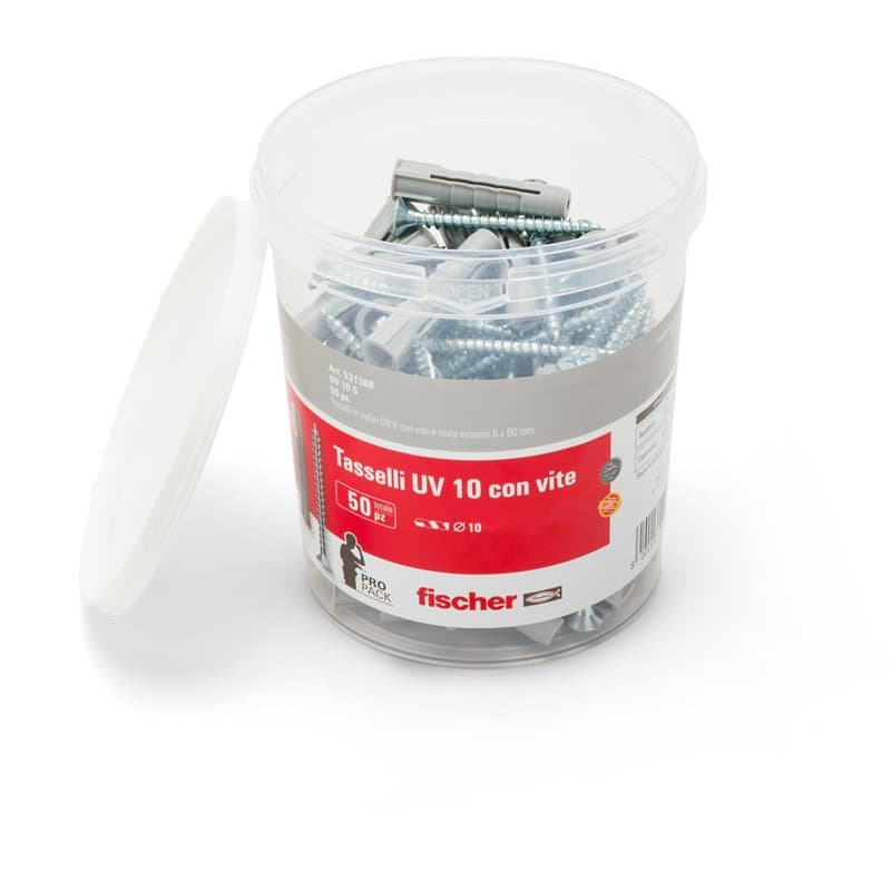 Fischer UV 10 S, seau avec 50 chevilles avec vis, mesure 10 x 50 mm, 50 chevilles + 50 vis, adapté pour briques pleines et perfo