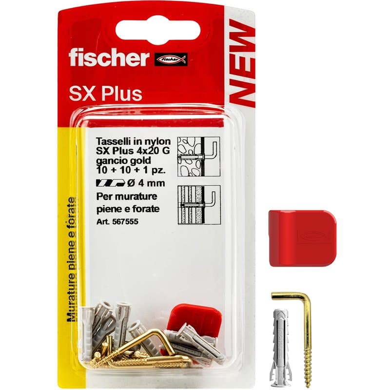 Fischer 5675555 Lot de 10 crochets carrés en laiton avec chevilles 4 mm et clip de fixation, installation propre sur mur pour ca