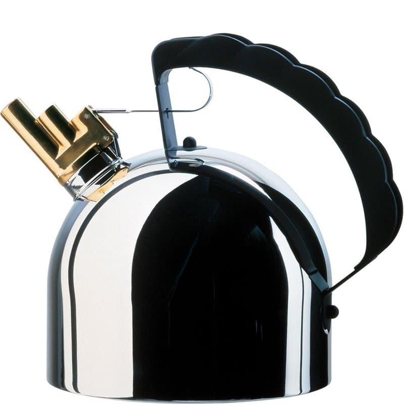 Alessi 9091 FM Bouilloire de Design avec Sifflet Mélodique Acier et PA Noir, 7.5" x 6.5" x 6.5"