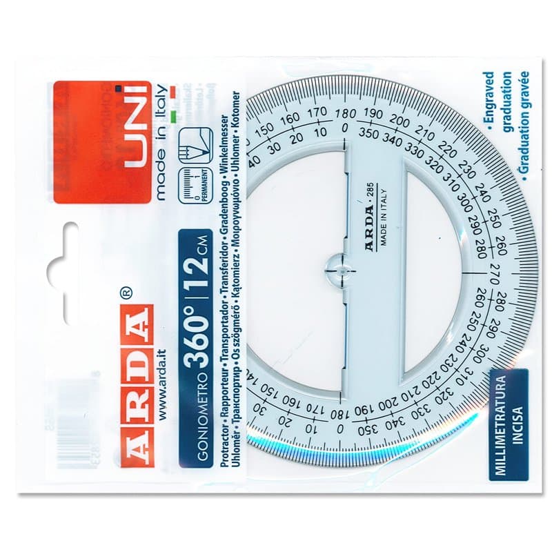 Arda - Rapporteur à 360 ° 12 cm ligne uni - règle (polystyrène, transparent, 120 mm)