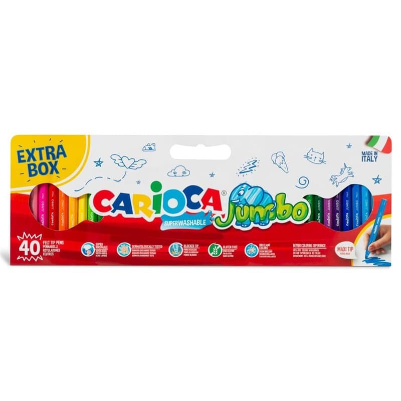 Carioca Lot de 40 marqueurs Jumbo à pointe épaisse avec 40 feutres super lavables et à grande couverture Corps octogonal Maxi Co
