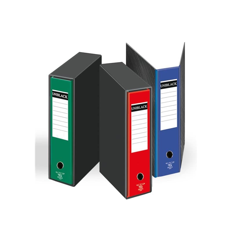 Pigna, lot de 3 classeurs à levier, format 28,5 x 33,5 cm, dos de 8 cm, avec étui, UNIBLACK, 3 couleurs assorties (bleu, rouge,