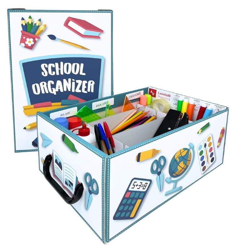 Lavatelli Organisateur Scolaire - Boîte Rangement Carton Rigide - Papeterie, Fournitures A4 - Compartiments Ajustables, Porte-St
