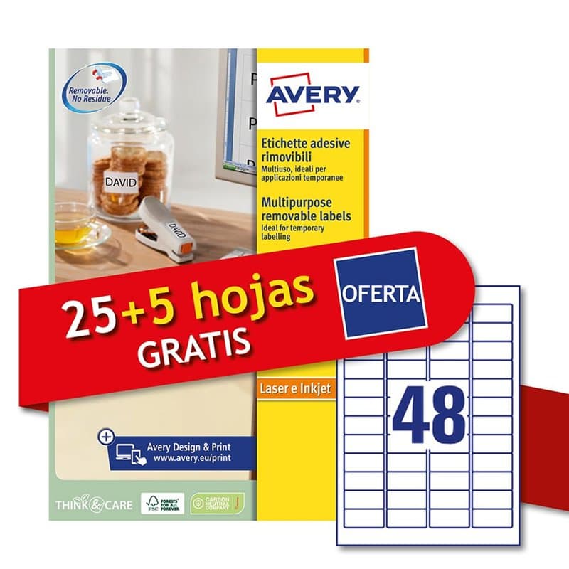 Avery Italia L4736REV-30P Étiquettes adhésives papier blanc adhésif amovible sans résidu, 25+5 feuilles supplémentaires, rectang