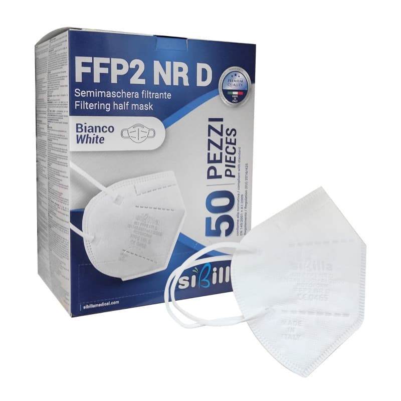 50 masques FFP2 blancs fabriqués en Italie | Masque FFP2 certifié CE 0465 avec 5 couches légères et confortables, scellées indiv